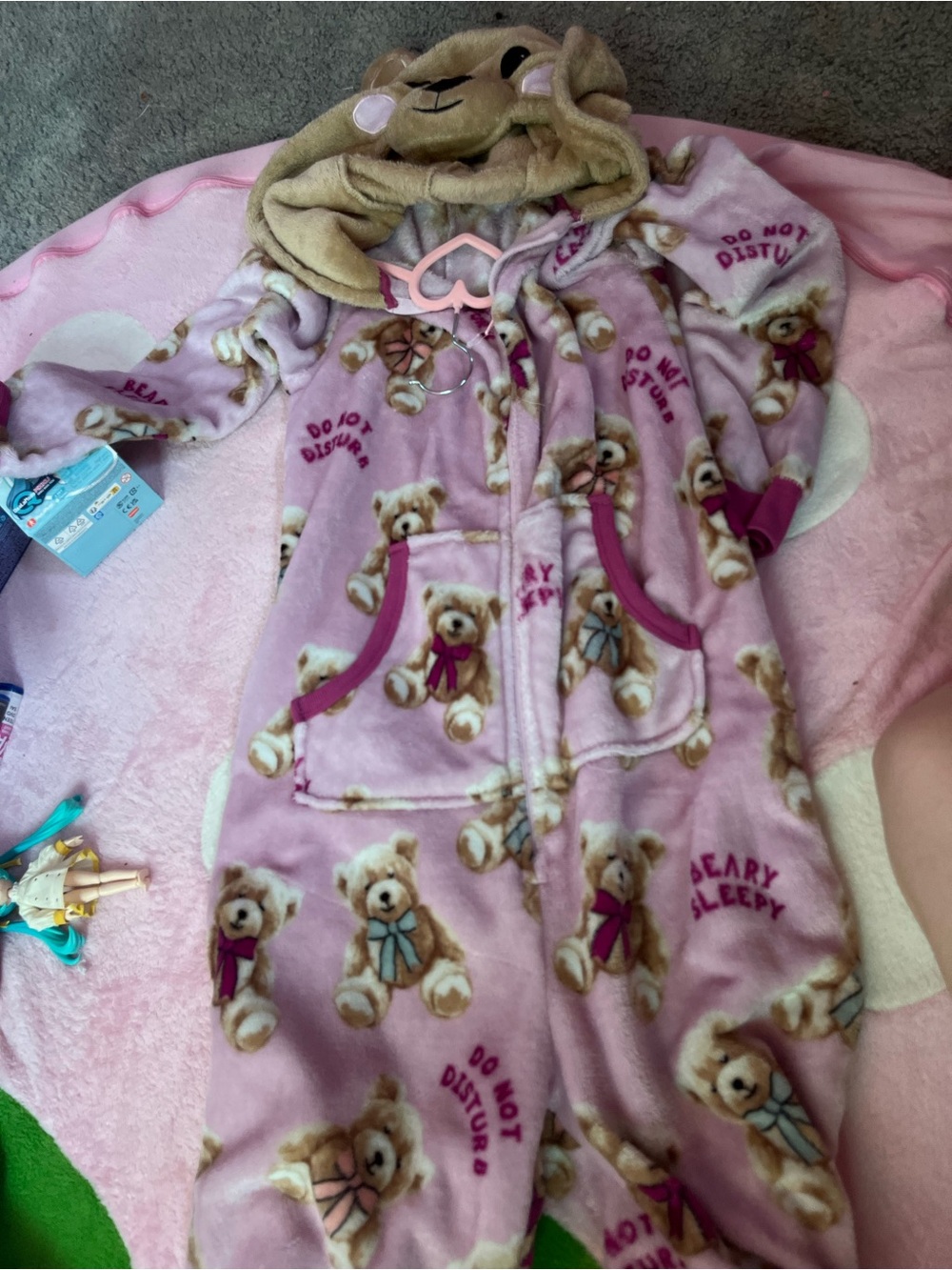 Kids Pink Teddy Bear Hooded Fleece Pajamas - Cozy One-Piece